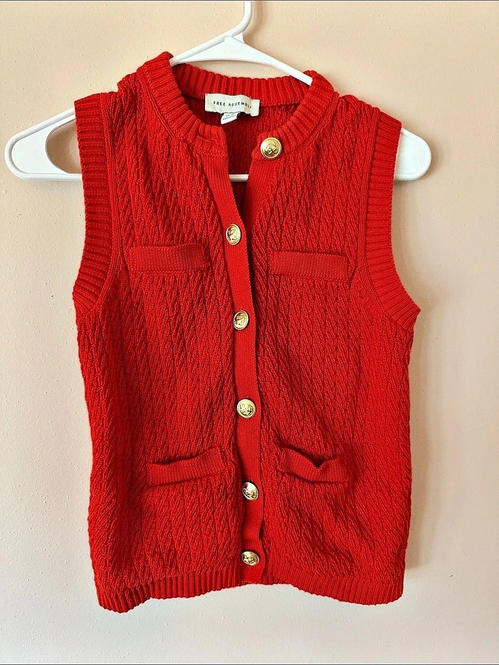 Free Assembly Button Front Cable Knit Sweater Vest Red
